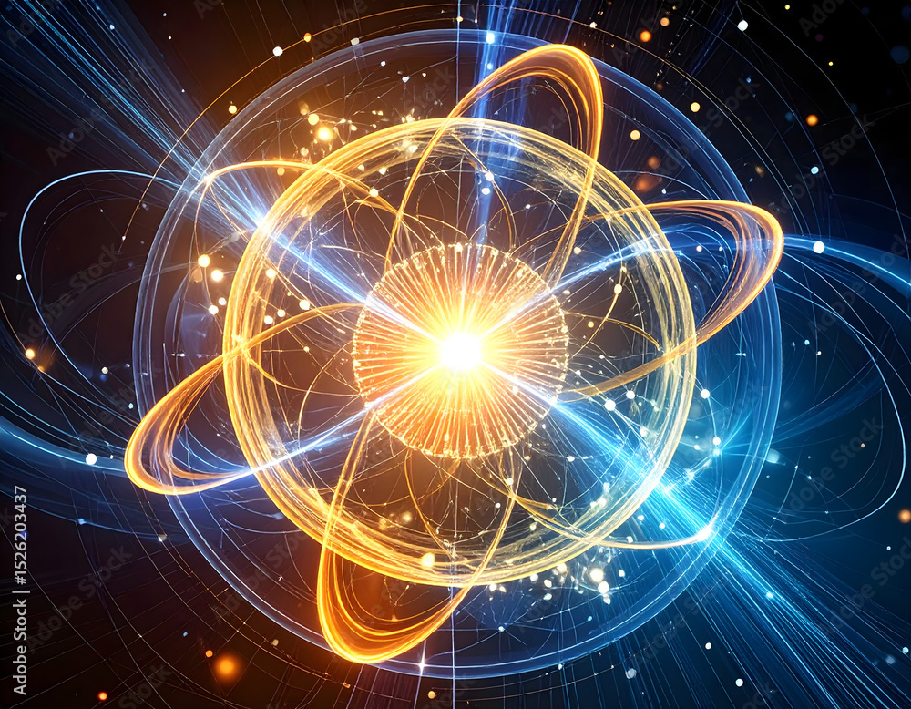 Wall mural abstract glowing energy orb atomic structure quantum physics science background