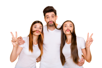 Portrait of adorable guys with long hair lips pouted plump making v-signs fooling wearing white t-shirt isolated over yellow background