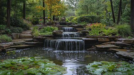 serene garden landscape featuring cascading waterfall, lush greenery, and tranquil pond