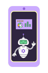 Robot and information board with diagram on the smartphone screen. Concept of digital security and technical support. Isolated vector illustration.