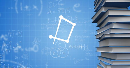 Showing stack of hardcover books on right edge, with algebra equations and Venn diagram, copy space