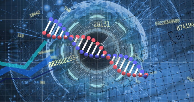 Image of digital screen with data, dna and numbers on blue background