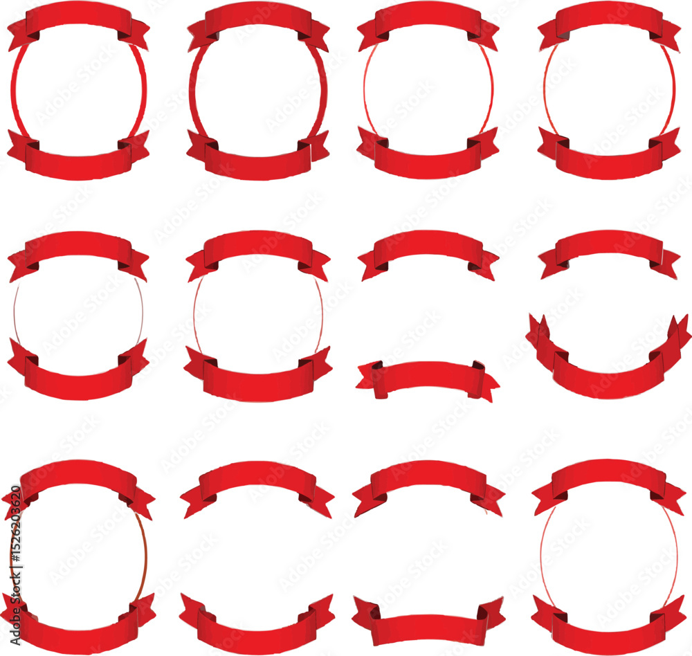 Poster collection of twelve red ribbon banner frames design element on transparent background