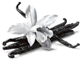 A monochrome illustration depicts vanilla flower and pods on white background in vintage etching style.