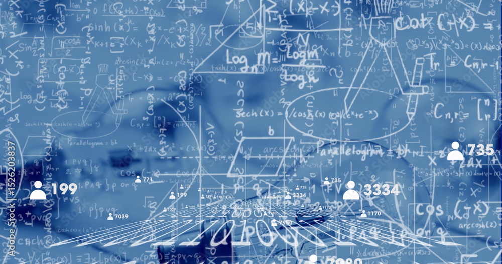 Aufkleber forming digital network visualizing analytics in virtual data space, with formulas and user icons