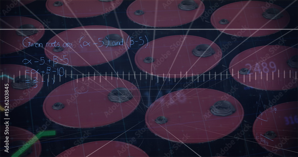 Fototapete displaying single red circular disc rotating within virtual lab, with ruler scale and equations