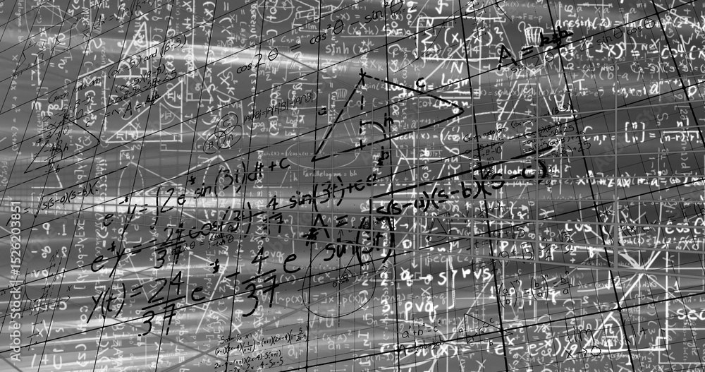 Poster image of digital screen with data and math formulas on grey background