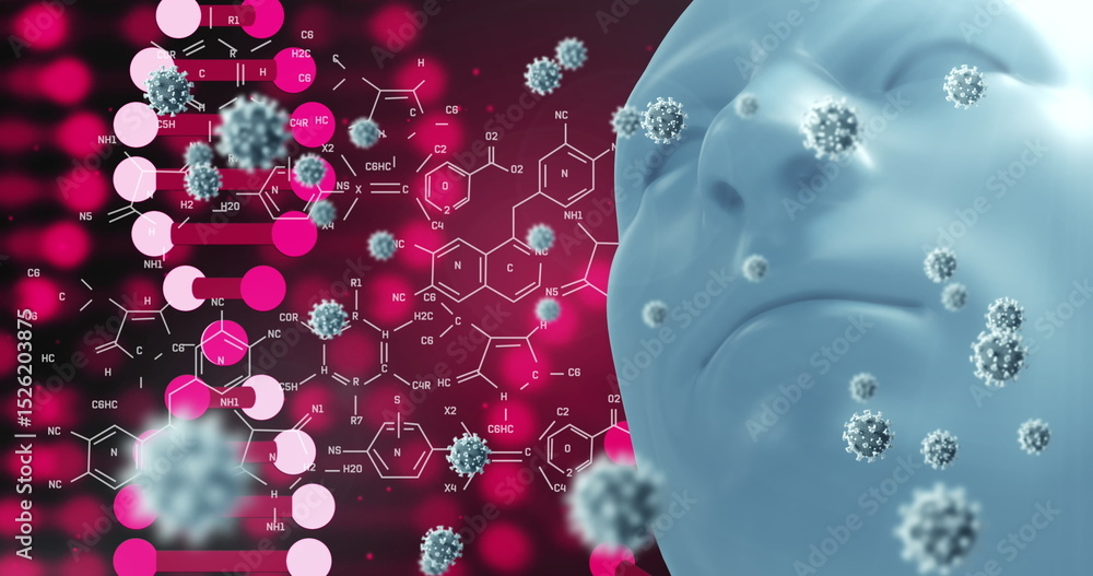Poster digital image of multiple cells floating over human face model against blue background