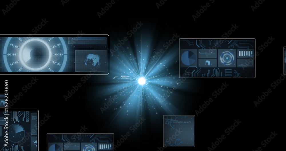 Poster image of data processing with scope scanning over light spots on black background