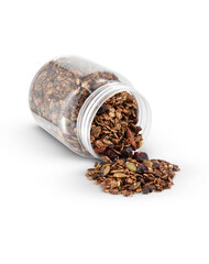 Granola in a glass jar isolated on a white background