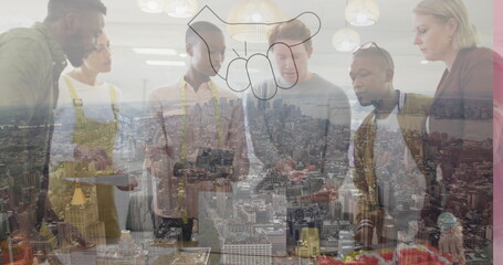 Image of hand icon over diverse businesspeople in office and cityscape