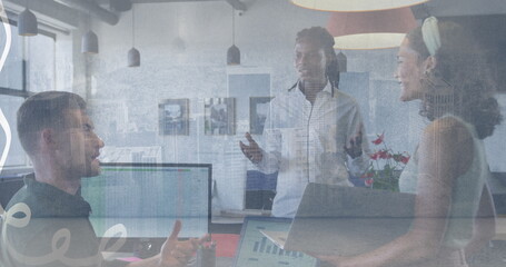 Image of hand icon over diverse businesspeople in office and cityscape