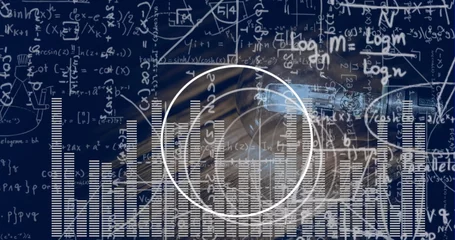 Showing white circle highlight enclosing bar graphs in digital interface, with equations and code