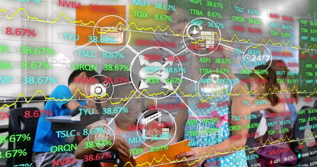 Image of data processing and icons over diverse schoolchildren and teacher