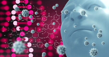 Digital image of multiple cells floating over human face model against blue background