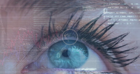 Composition of covid cell and medical data processing over caucasian woman putting face mask on