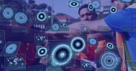 Image of data processing over diverse sports people teaming up