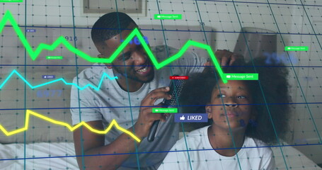 Image of data processing and digital icons over strong man exercising