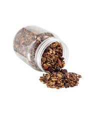 Granola in a glass jar isolated on a white background
