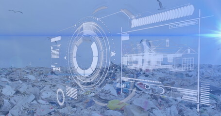 Image of digital scanner with interface and birds flying over junkyard against clear sky
