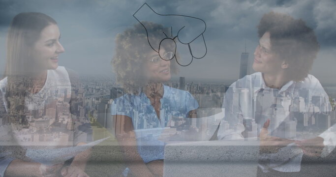 Digital composite image of multiracial colleagues discussing in modern office, city in background