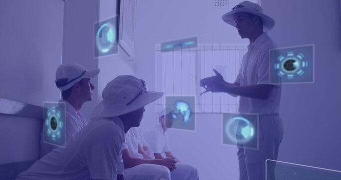 Image of data processing over diverse people talking