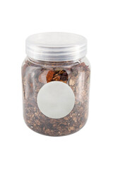 Granola in a glass jar isolated on a white background