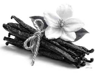 Fragrant vanilla beans bundled elegantly with st, accompanied by a delicate flower in monochrome tones.