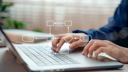 Businessmen use a laptop with AI flowchart overlay, representing artificial intelligence, machine...