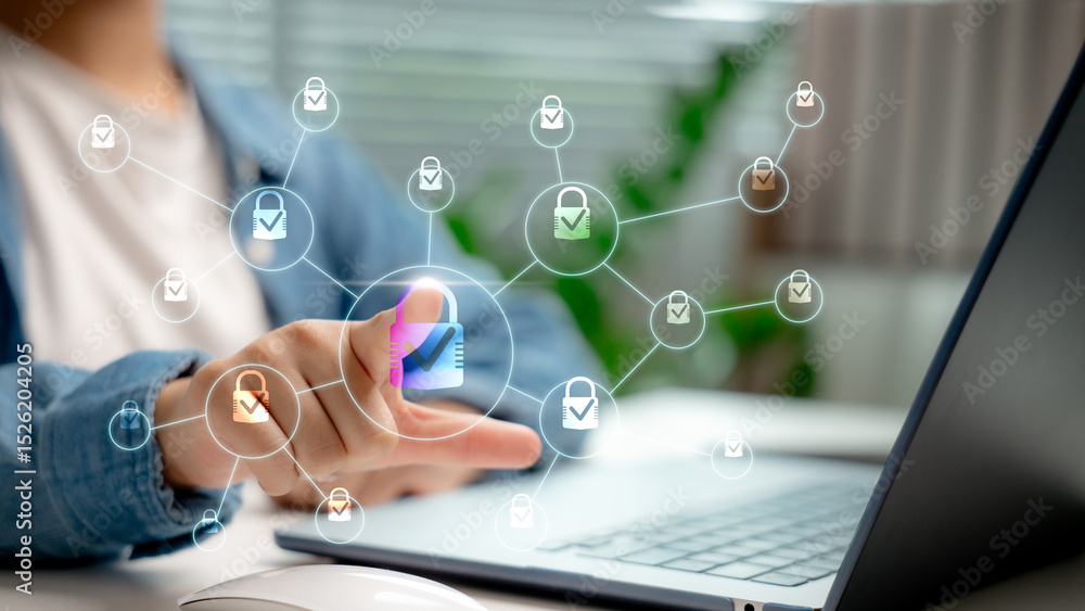 Poster businessmen touching virtual padlock icons connected in a network represent cybersecurity, data priv