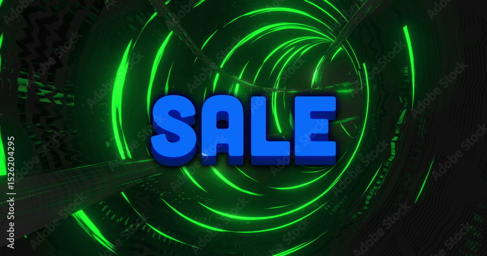 Poster image of multicolored abstract pattern and blue sale text moving in green illuminated tunnel