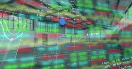 Image of financial graphs and globe over empty hall