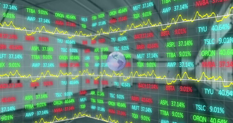 Image of globe and financial data processing over cityscape