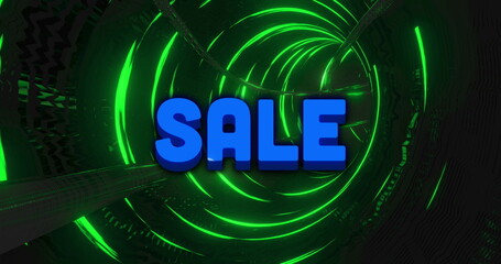 Image of multicolored abstract pattern and blue sale text moving in green illuminated tunnel
