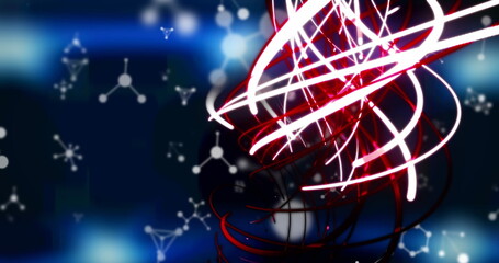 Image of wavy lights and molecules on blue and black background