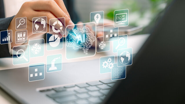 Businessmen with virtual AI assistant dashboard icons on a laptop, representing artificial intelligence, data analytics, business automation, digital transformation, and smart decision-making. - Powered by Adobe