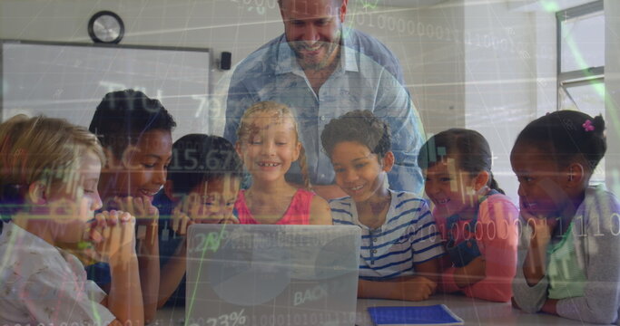 Image of globe, graph, programming code over multiracial teacher with students looking at laptop