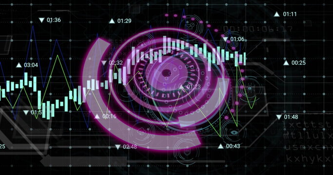 Image of purple circle, numbers and graphs on black background