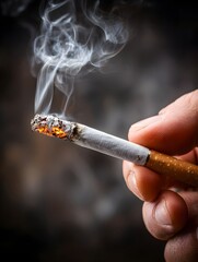 A person holds a lit cigarette with smoke rising against a dark blurry background in a close up view.