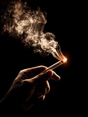 Close up of a hand holding a burning cigarette with rising smoke on a dark and contrasting background scene.
