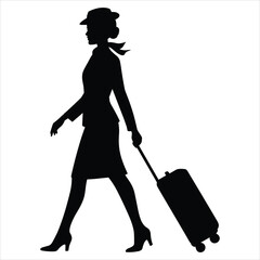 a flight attendant walking confidently while pulling a rolling suitcase