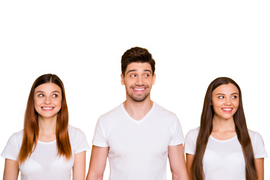 Portrait of cute mates looking having toothy smile  wearing white t-shirt isolated over yellow background - Powered by Adobe