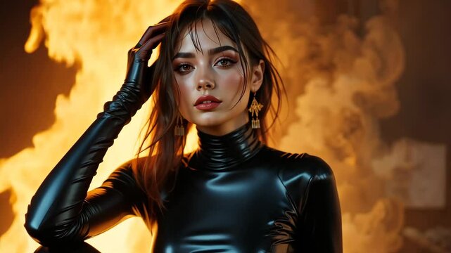 Portrait of intense young woman in black latex suit against fiery background. Concept of femme fatale and sci-fi aesthetic