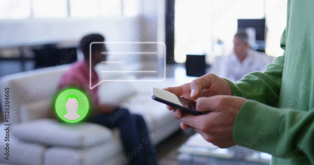 Poster image of midsection of man using cellphone with message and profile icon in office