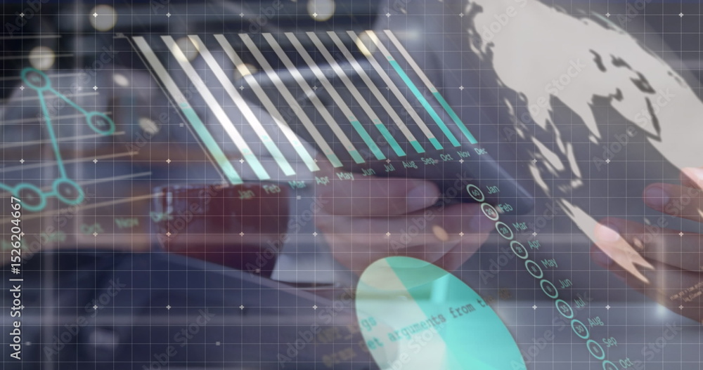 Poster image of statistics and financial data processing over caucasian man using smartphone