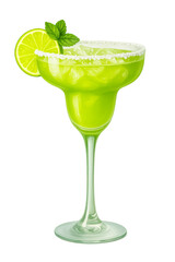 Classic Margarita Cocktail with Salted Rim, Lime Wedge and Ice Cubes in Elegant Glass, Cutout Transparent PNG