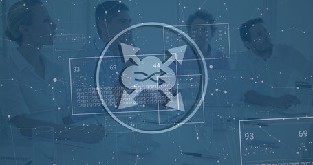 Image of icons and motherboard on green digital screen with diverse coworkers