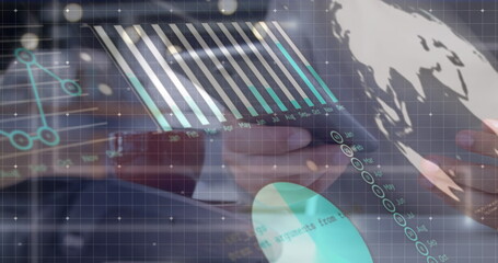 Image of statistics and financial data processing over caucasian man using smartphone