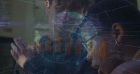 African American woman and male colleague studying hologram in lab, with code, charts, globe