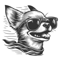happy dog wearing sunglasses and a decorative bandana, exuding a playful, trendy vibe sketch engraving generative ai vector illustration. Scratch board imitation. Black and white image.